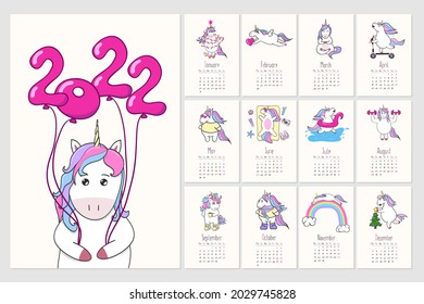 Childish calendar 2022 with unicorns. Monthly templates with creative hand drawn pictures. Hand drawn vector illustration. 