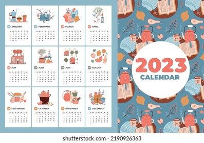 Plantilla de calendario infantil 2023 con acogedores elementos de cuatro estaciones dibujados a mano. Semana que empieza el domingo. Listo para imprimir. Ilustraciones de vector personalizadas en estilo plano.