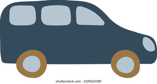 Childish car minivan for kids products design. Hand drawn colored icon of vehicle side view in doodle style. Stylized dark blue-gray automobile for boy's nursery. Vector illustration for preschoolers.