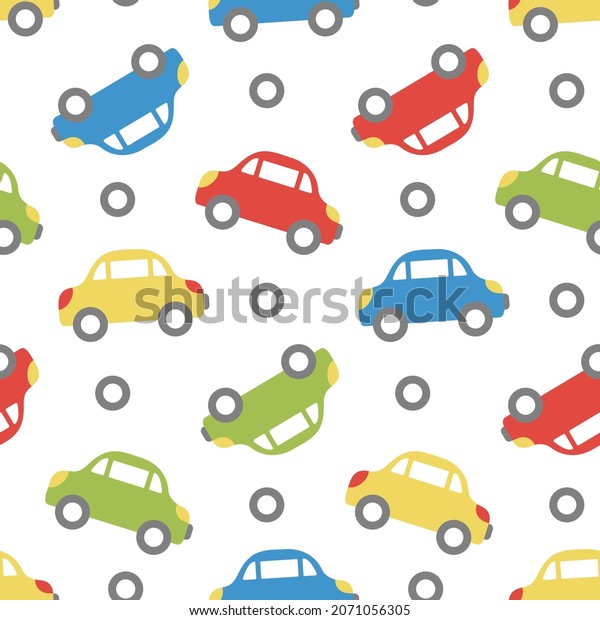 Childish car pattern. Baby transport ornament.\
Bright cartoon toys of red green blue yellow colors on white\
background for kids. Cute flat vector illustration without outline.\
Limited number of\
colors