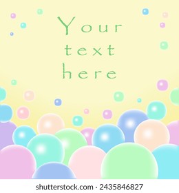 Fondo de tarjeta infantil con bolas de diferentes tamaños en colores suaves y espacio de texto. Ilustración vectorial para impresión, póster, banner, postal, diseño.