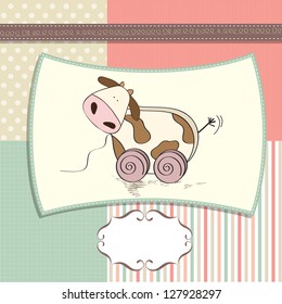 childish card with cute cow toy, vector illustration