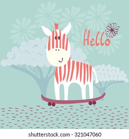 Childish card. Cute zebra on a skateboard
