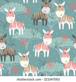 Childish card. Seamless pattern with cute zebra 