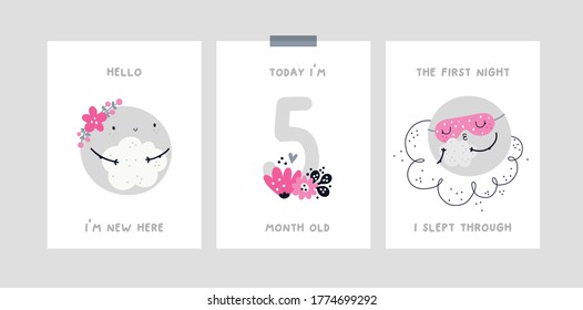 Childish cards or poster with cute baby moon character. Milestone cards. Nursery prints with hand drawn doodle illustration isolated on white. Ideal for kids room decoration, clothing, prints, card