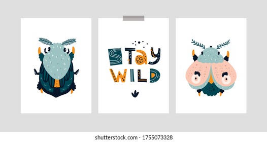 Childish cards or poster with cute bug, moth, butterfly. Stay wild moon child. Nursery prints with doodle hand drawn illustration isolated on white. Ideal for kids room decoration, clothing, prints