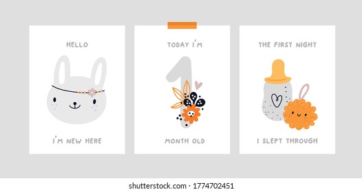 Childish cards or poster with cute bunny character. Milestone cards. Nursery prints with hand drawn doodle illustration isolated on white. Ideal for kids room decoration, clothing, prints, card