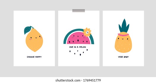 Childish cards or poster with cute cartoon fruits characters. Lemon, watermelon. Nursery prints with doodle hand drawn illustration isolated on white. Ideal for kids room decoration, clothing, prints