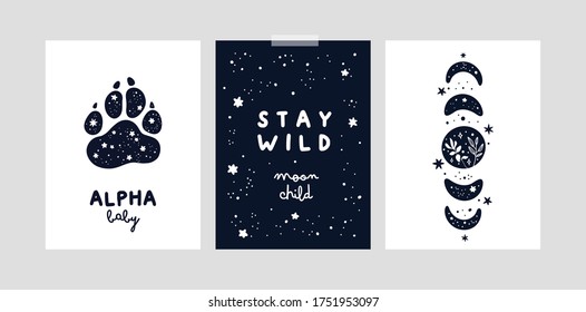 Childish cards or poster with magic moons and stars for girl or boy. Stay wild moon child. Nursery prints with doodle illustration. 