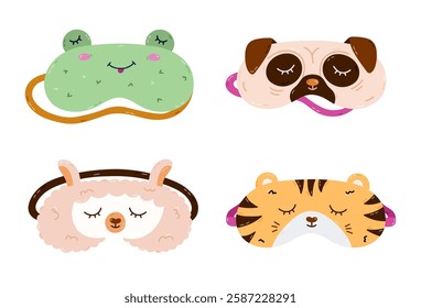 Childish cartoon animal sleeping mask set in the shape of pet head. Funny kids eye mask collection with frog, pug dog, llama, tiger head. Hand drawn good night accessory for nap isolated on white.