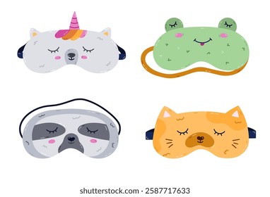 Childish cartoon animal sleeping mask set in the shape of unicorn, frog, sloth, kitten head. Funny kids eye mask collection with pet head. Hand drawn accessory for recreation isolated on background.