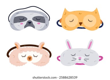 Childish cartoon animal sleeping mask set in the shape of sloth, owl, llama, bunny head. Funny kids eye mask collection with pet head. Hand drawn sweet dreams accessory isolated on background.