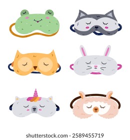 Childish cartoon animal sleeping mask set in the shape of frog, raccoon, owl, bunny, unicorn, llama head. Funny kids eye mask collection with pet head. Hand drawn sweet dreams accessory for nap.