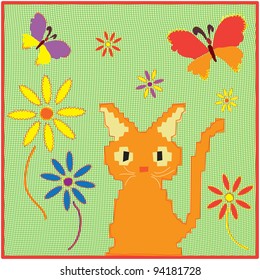 Childish cartoon applique fabric card with kitten ,butterflies and flowers