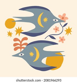 Childish cartoon boho night bird illustration naive funky handdrawn style art vector