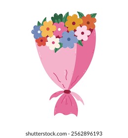 Childish cartoon bouquet of flowers for present at Valentine day, birthday, International Women Day, wedding. Hand drawn spring floral gift. Cute clipart of bunch of flower blossom isolated on white.