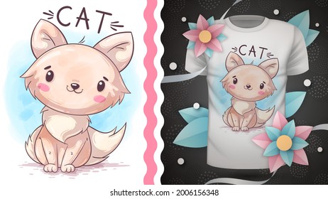 Childish cartoon character animal watercolor cat.