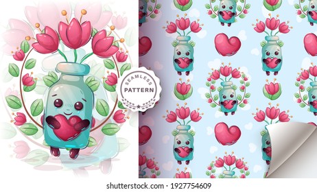 Childish cartoon character bottle with flower. Vector eps 10