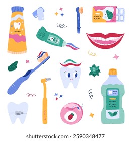 Childish cartoon dentistry and teeth care set with toothpaste, smiling mouth, toothpaste, dental floss, chewing gum, mouthwash. Cute hand drawn tooth health care concept for kids infographic isolated.