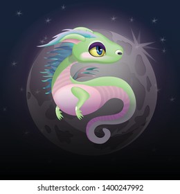 Childish cartoon flying dragon on the background of the moon. Dragon against the night sky. Vector.