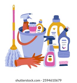 Childish cartoon housekeeping and cleansing concept illustration. Bucket with spray bottle, detergent gel in it, mop, rubber gloves, brush. Funny clipart composition for banner, postcard, design.