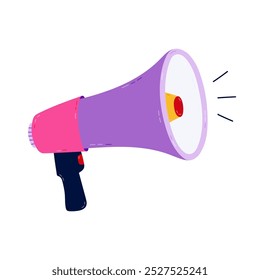 Childish cartoon megaphone as communication, alert and promotion sign. Trendy loudspeaker to announce sale, breaking news, advertisement. Hand drawn vector clipart isolated on background.