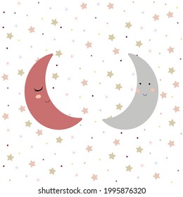 Childish cartoon months boy and girl on star background.
