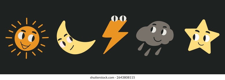 Childish cartoon nature sun, moon, lightning, cloud, star isolated elementh icons cliparts illustration.