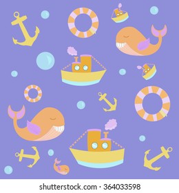 Childish cartoon sea pattern with whales