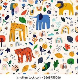 Childish cartoon seamless pattern with animal, flowers and leaves. Fabric pattern. Nursery baby pattern illustration