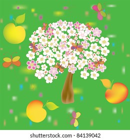 Childish cartoon seamless pattern with blossoming tree,butterflies and apples