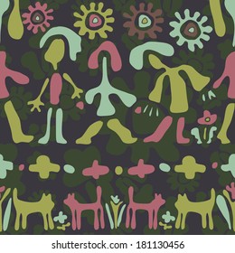 Childish cartoon seamless pattern with boys, girls,cats and flowers. Seamless pattern can be used for wallpapers, pattern fills, web page backgrounds, surface textures
