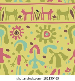 Childish cartoon seamless pattern with boys, girls,cats and flowers. Seamless pattern can be used for wallpapers, pattern fills, web page backgrounds, surface textures