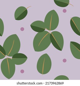 Childish cartoon seamless pattern. Green branches and leaves on a pale purple background. Print for textile, fabric, packaging