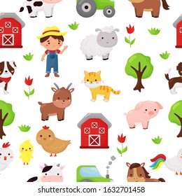 Childish Cartoon Seamless Pattern. Kawaii Animals And Farmer. Barnyard And Plants. Farm Animals.