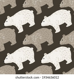 Childish cartoon seamless pattern with white and beige bear silhouettes print. Grey background. Doodle print. Perfect for fabric design, textile print, wrapping, cover. Vector illustration.