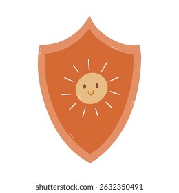 Childish cartoon shield with smiley sun icon as sign of sun protection, sunscreen and prevention of skin cancer. Defense against ultraviolet rays. Cosmetic product for heat, sunny weather, vacations.
