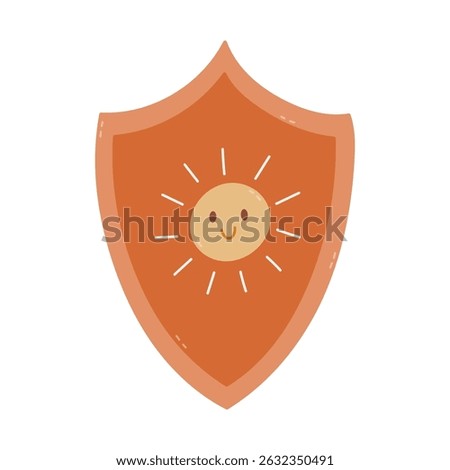 Childish cartoon shield with smiley sun icon as sign of sun protection, sunscreen and prevention of skin cancer. Defense against ultraviolet rays. Cosmetic product for heat, sunny weather, vacations.