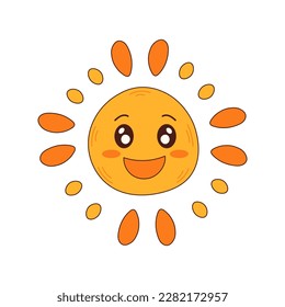 Childish cartoon sun face. Cute hand drawn yellow sun character in doodle style for children, print, card, poster