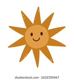 Childish cartoon sun with smiling face and triangle sunbeams. Cheerful sunshine emoticon with positive emotion as sign of sunny weather, warm climate. Kids solar clipart isolated on white background.
