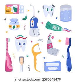 Childish cartoon teeth treatment set with dental products and tools. Hand drawn clipart of electric toothbrush, holder dental floss, irrigator, cheerful tooth character. Stomatology concept isolated.