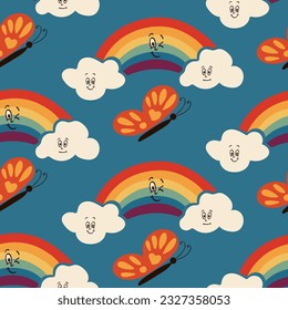 Childish cartoon vintage pattern with rainbow. Groovy elements rainbow, butterflies, clouds in minimalistic style with facial expression. Perfect for decoration, kids textile, wrapping paper, printout