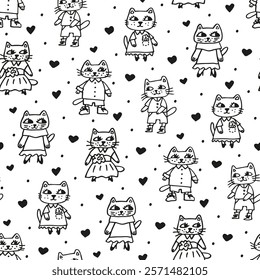 Childish cat seamless pattern. Human-like animals. Cute kittens dressed. Hand-drawn black white outline print with pets. Doodle Puss in Boots. wallpaper with kitty,  for design of children's products.