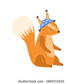 Childish character, funny squirrel in blue hat. Cute scandinavian forest animal cub wearing clothes. Flat vector cartoon illustration isolated on white background