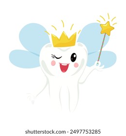 A childish cheerful tooth fairy in a crown holds a magic wand. Concept for pediatric dentistry. Celebrating the loss of the first tooth.