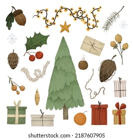 childish chrictmas and new year illustration, clipart with christmas elements, set, collection