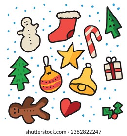 Childish christmas illustrations on a white background. Sugar cane, trees, star and a snowman. 