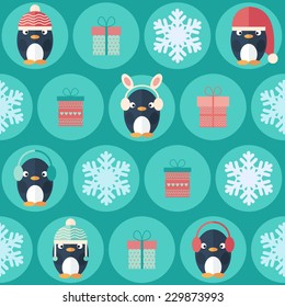 Childish Christmas and New Year vector seamless pattern in flat design with cute penguins, gift boxes and snowflakes for web and mobile apps design