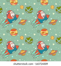 Childish Christmas pattern with space elements and Santa Claus flying in a rocket. Spaceship, planets, moons, stars, solar system.