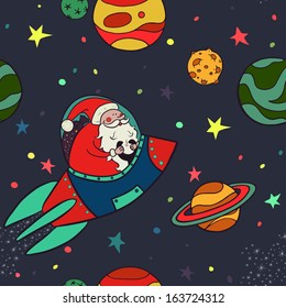 Childish Christmas pattern with space elements and Santa Claus flying in a rocket. Spaceship, planets, moons, stars, solar system.